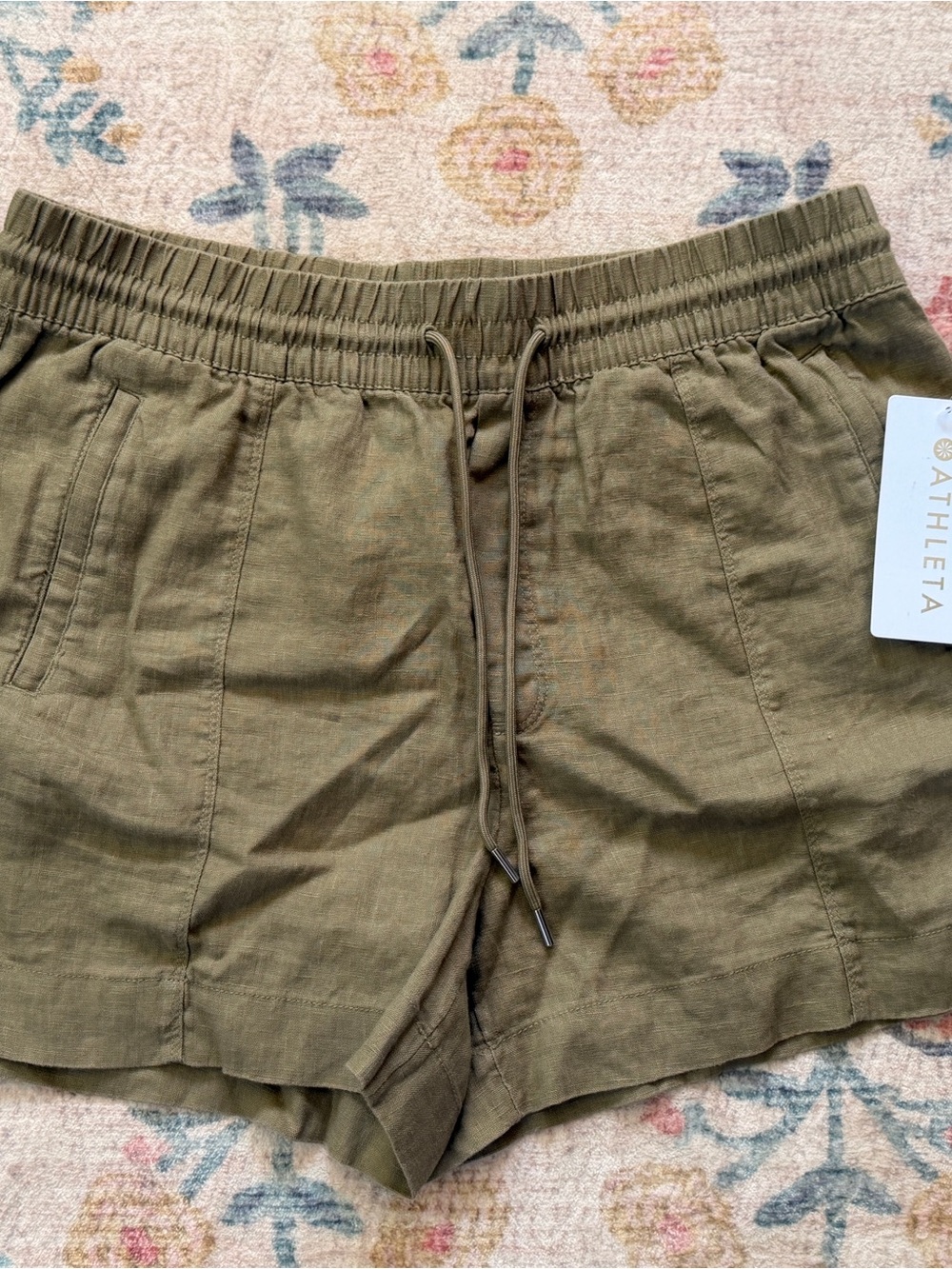 Athleta Retreat Olive Drawstring Linen-Blend Casual Shorts